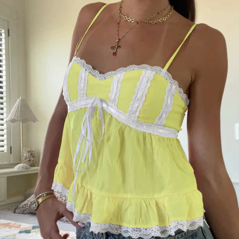 Cyflymder  Lace Trim Babydoll Camis Y2k Fairycore Peplum Crop Tops 00s Aesthetic Backless Tank Tops Women Milkmaid Vest Holiday