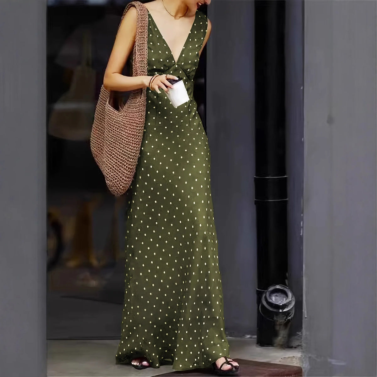 Cyflymder  Vintage Polka Dot Satin V-neck Sleeveless Dress Lace Up Waist Cinching Slimming Women's Long Dresses Elegant Party Summer Robe