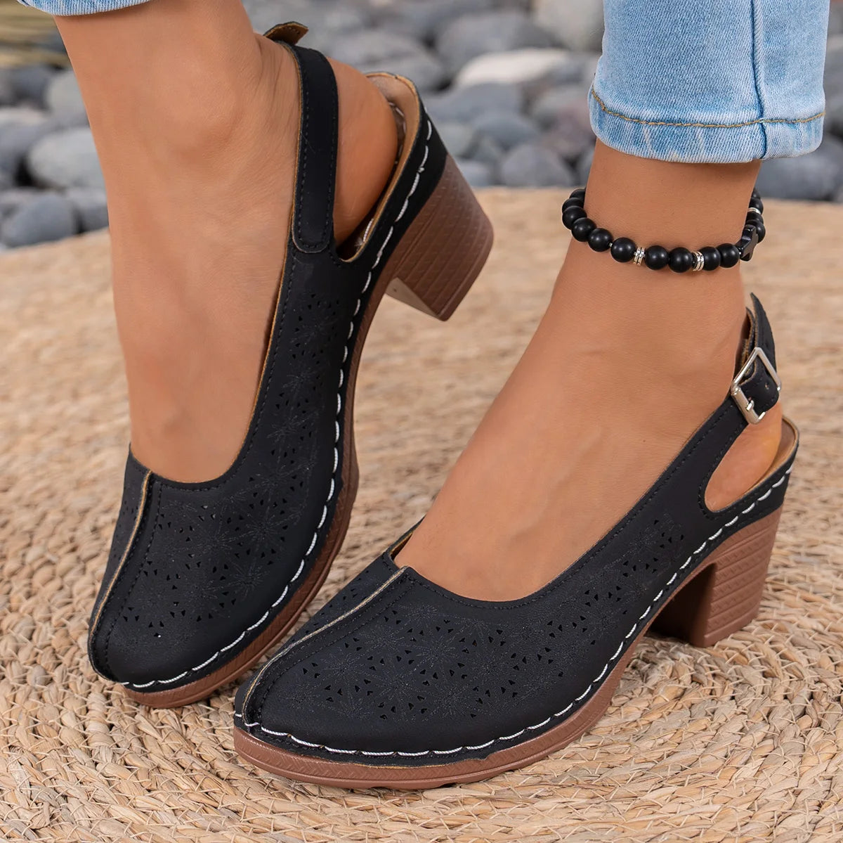 Cyflymder  Summer New Women High Heel Sandals Comfortable Rubber Sole Shoes Large Size 43 Roman Style Round Toe PU Leather Slip-On Sandals