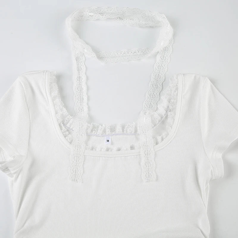 Cyflymder  Casual Lace Trim Folds T Shirt With Scarf Sweet Slim Solid Square Collar Short Sleeve Tees Women 2025 Summer Fashion