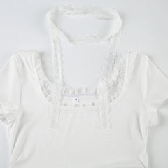 Cyflymder  Casual Lace Trim Folds T Shirt With Scarf Sweet Slim Solid Square Collar Short Sleeve Tees Women 2025 Summer Fashion