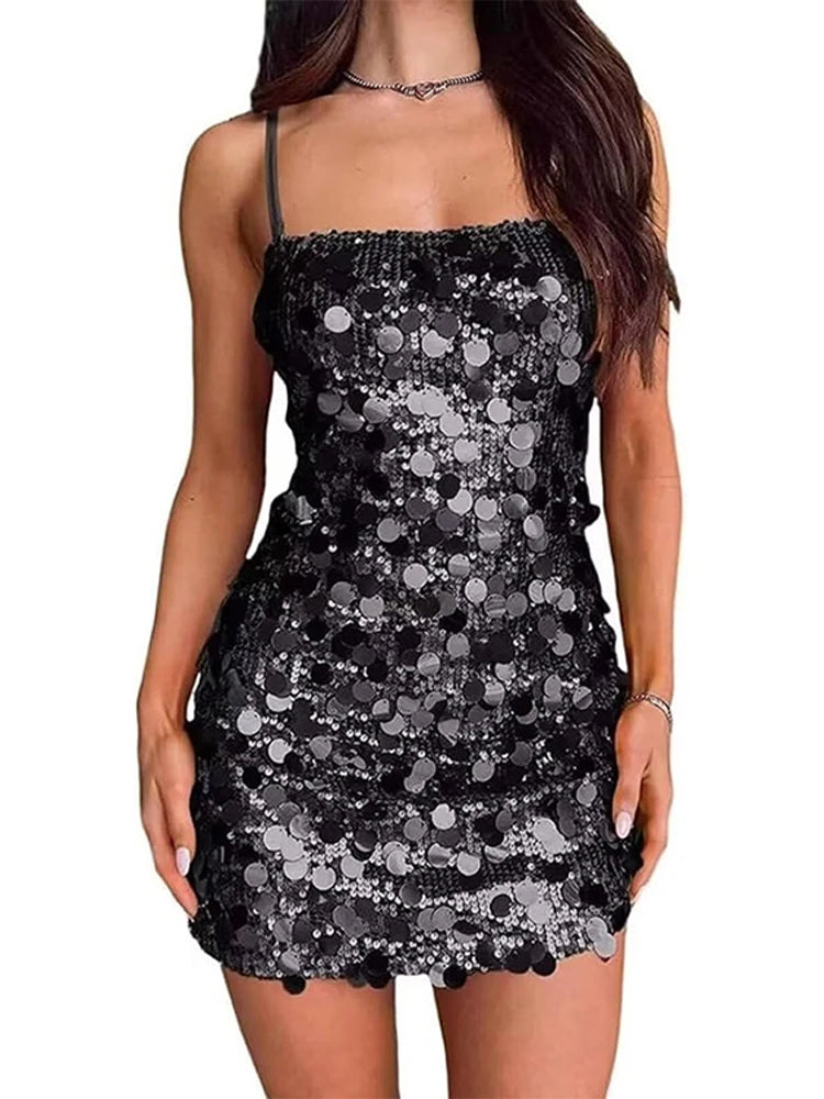 Cyflymder  Sling Sequin Hip Package Mini Dress Women Sexy Square Collar Sleeveless Backless Waist Cinching Slim Partywear Chic Ladies Robe