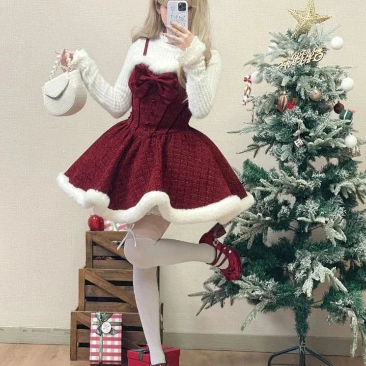 Cyflymder Christmas Outfits Sweet Lolita Style Dress Sets Women Elegant Bow Plush Shawl Short Jackets Mini Skirts Suit Kawaii Christmas New Year 3 Piece Set