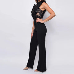 Cyflymder  Stand Collar Sleeveless One Piece Jumpsuits Sexy Lace Patchwork Sheer Straight Rompers Women Elegant Waist Solid Long Playsuits