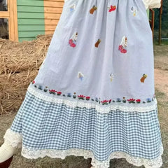 Cyflymder  Harajuku Y2K Sweet Plaid Patchwork Loose A-line Skirts Women Party Splice Lace Elastic Waist Floral Embroidery Skirt 028B