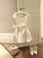 Cyflymder  New French Elegant Sweet Style Vintage Dress Women Design Sense Pearl Bow Short Sleeve Dresses Aesthetic Fashion Party Clothing
