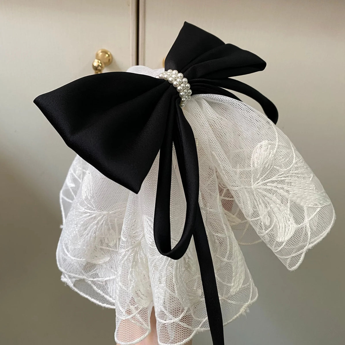 Cyflymder  Summer New Elegant Satin Bow Hair Headbands With Lace Mesh Pearl Decor Fashion Sweet Hair Accessories For Women Girls Daily