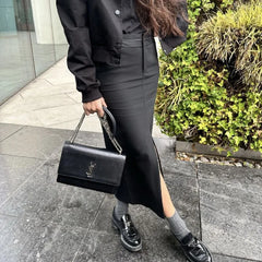 Cyflymder  Sexy Black Front Slit Midi Pencil Skirt Women Spliced High Waist Package Hips Skirts