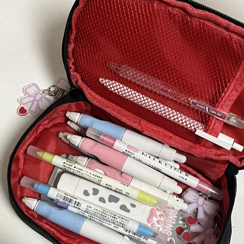 Cyflymder  1 Pc Sweet Black Pink Color Pencil Case for Kids Girl Korean Fashion Embroidery Bow Stationery Organizer Large Capacity Pen Bag