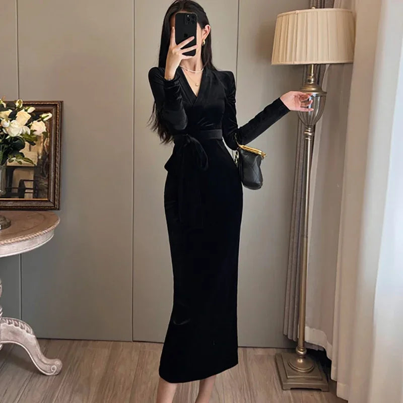 Cyflymder DRESS TO IMPRESS Autumn-winter Red Velvet Chic Bow Bandage Long Dress Luxurious Elegant Korean Vintage Evening Dresssheer Dresses for Women