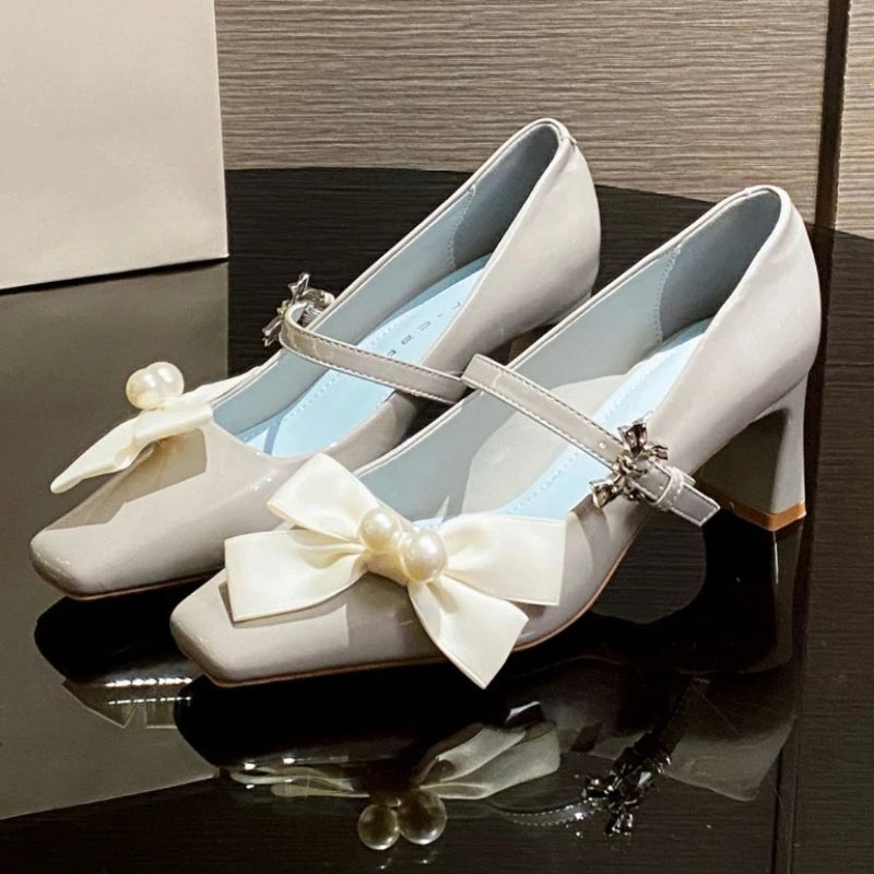 Cyflymder  Sweet Bow Square Toe Chunky Heel Women Pumps Fashion Buckle Elegant Dress Mary Jane Shoe Ladies Luxury Wedding Bridal High Heels