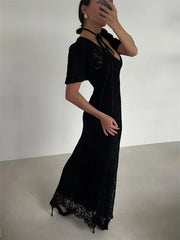 Cyflymder  Fashion Lace Hollow Out Long Dress Women's V-Neck High Waist Sexy See-Through Printed Summer Dress Female Bodycon Dress