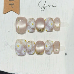 Cyflymder  10Pcs Cat Eye Handmade Press on Nails Daisy Pattern Fake Nails Wearable Stick-on Nail False Nails Накладные Ногти Uñas Postizas