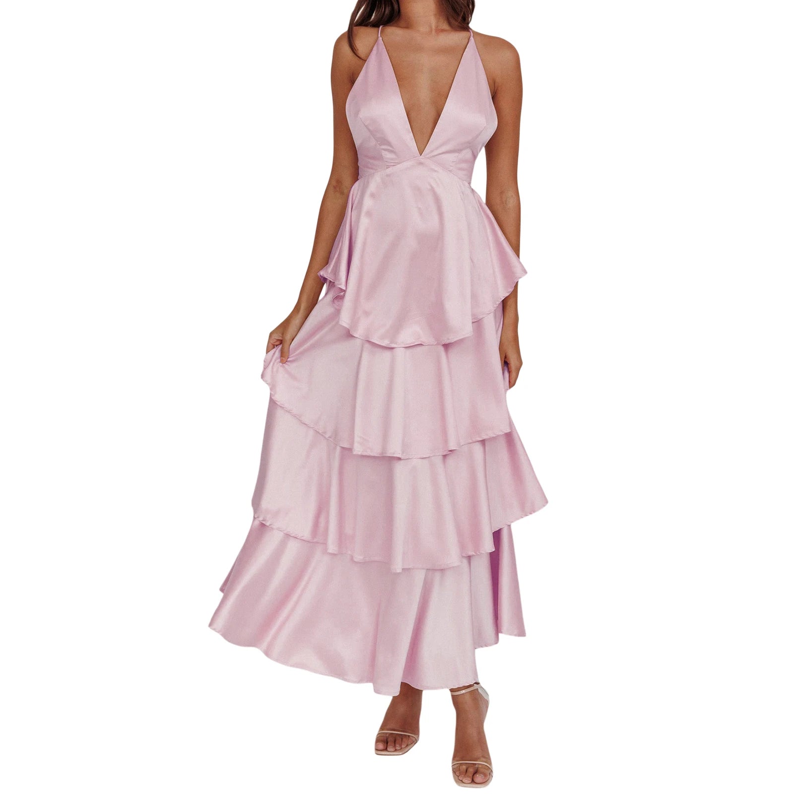 Cyflymder  Elegant Lace Sleeveless V-neck Backless Maxi Dress with Ruffled Hemline for Wedding Guest or Formal Event