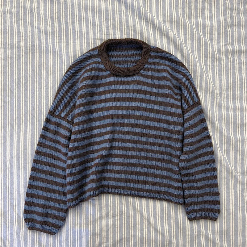 Cyflymder  Women Stripes Blue and Brown Pullover Vintage Minimalist Y2K Clothing Aesthetic Darkwave Knitwear emo Loose Long Sleeve Sweater