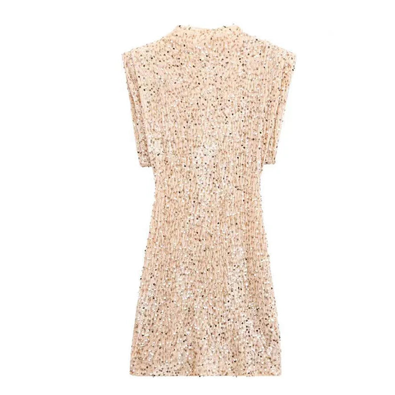 Cyflymder  Fashion Draped Slim Short Dress Elegant O-neck Shiny Sequins Club Party Dress Women Sexy Sleeveless Solid Color Mini Dress
