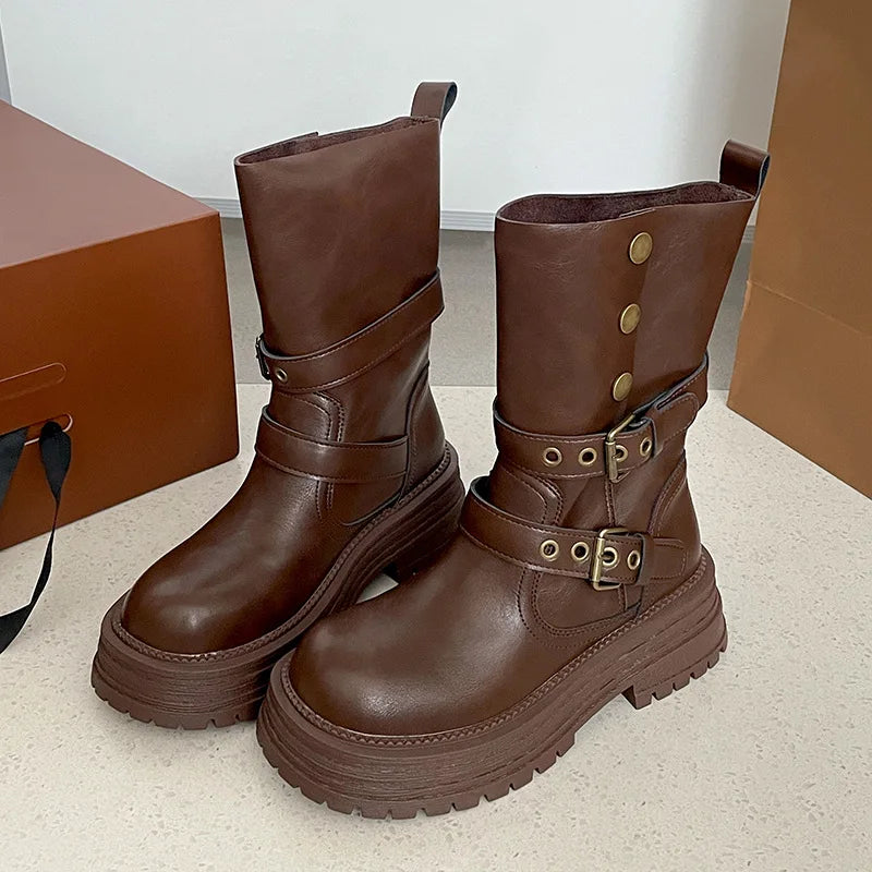 Cyflymder  Vintage Height Increase  Women Knight Boots Square Heels Goth Mid Calf Booties Buckle Strap Casual Shoes