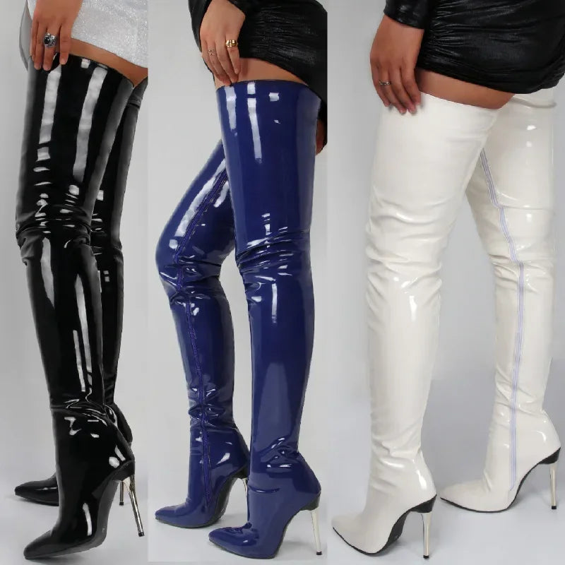 Cyflymder Patent Leather Over The Knee Boots Ladies High Heels  New Large Size Sexy Thigh High Boots Stiletto Women Boots