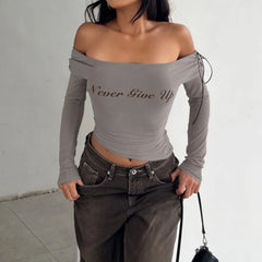 Cyflymder  Y2k Streetwear Off-shoulder T-shirt Women Irregular Mesh Letter Print Top Summer Outfit Long Sleeve Tees Coquette Chic