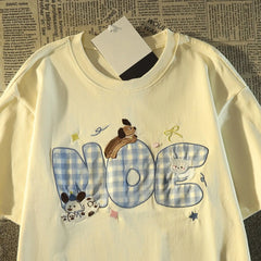 Cyflymder   American Sle Plaid Embroidery Dog Pure Cotton ort Sve T-irt Women Summer Loose Korean Lazy Sle INS Age Reduction