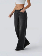 Cyflymder  Blue Asymmetrical Women Jeans Vintage Washed Wide Leg Straight Denim Pants Black Baggy High Waist Basic Trousers Casual