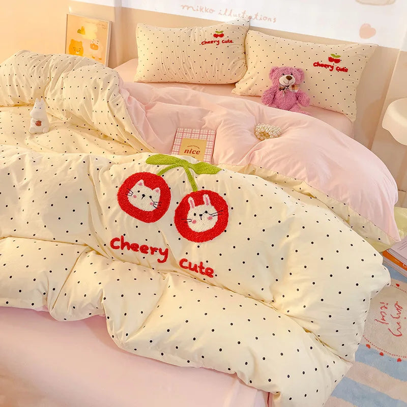 Cyflymder  Cartoon Printed Cloud Cotton Bedding Soft Set Sweet Washed Skin-Friendly Bedclothes Sets Single Textile Supplies for All Seasons