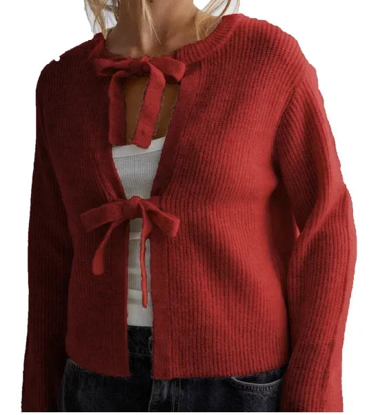 Cyflymder  Tie Front Cropped Cardigan Sweaters for Women Crew Neck Long Sleeve Knit Bow Tie Trendy Sweater Tops Winter Fall Streetwear