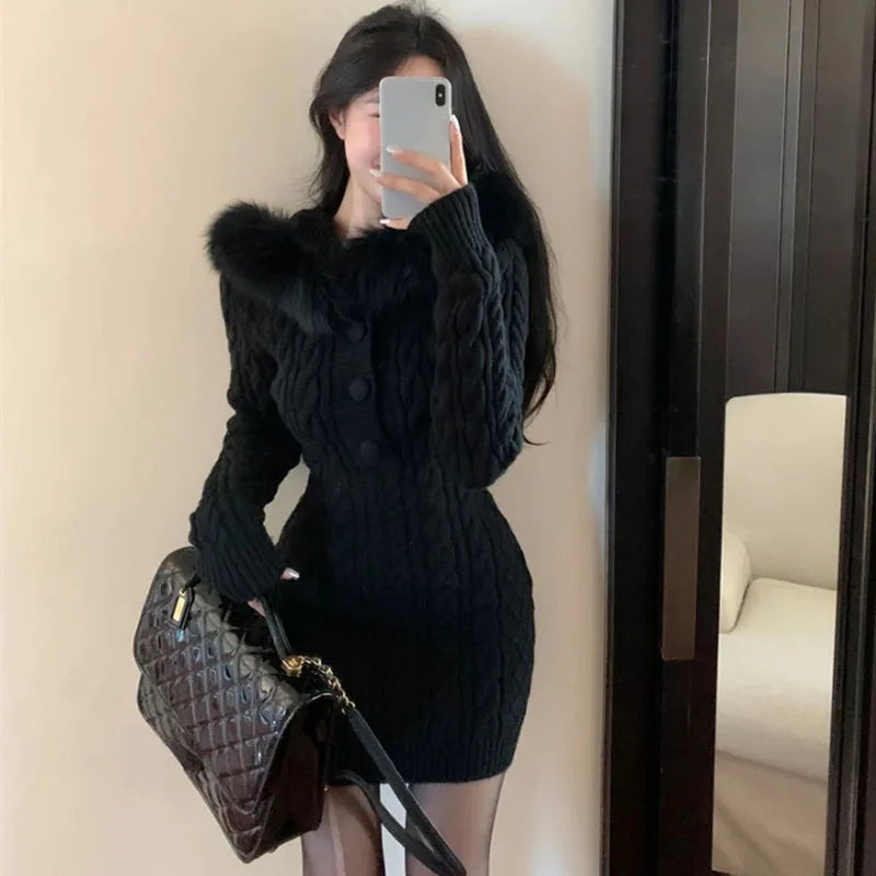 Cyflymder Autumn Winter Elegant Women Sweater Christmas Red Slim Fur Patchwork Hooded Knitted Dress Female Korean Knitwear Hoodie Tops