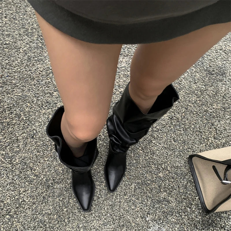 Cyflymder  Autumn Vintage Thick Heel Women Knight Boots Fashion Belt Buckle Shoes Ladies Elegant Pointed Toe Mordern Knee High Booties