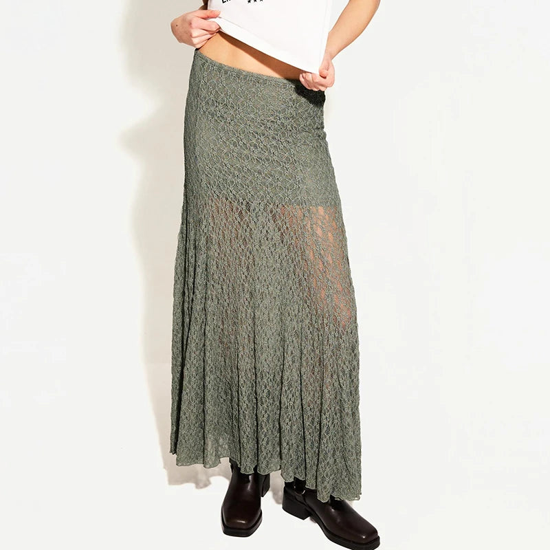 Cyflymder  Vintage Sheer Lace Maternity Skirts for Women Low Elastic Waist Loose Fit Long Skirt Casual Pregnancy Skirts Fashion Streetwear