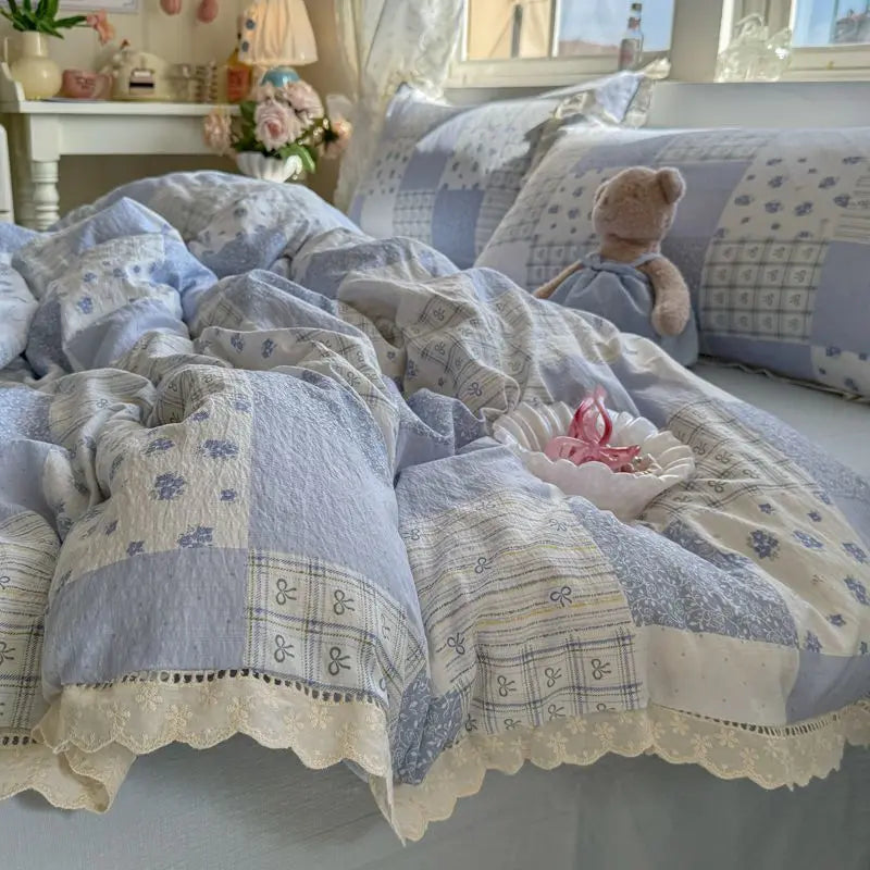 Cyflymder  Korean Style Girly Heart Floral Double Layer Gauze Four-Piece Set Princess Style Lace Trim Quilt Cover Bed Sheet Dormitory