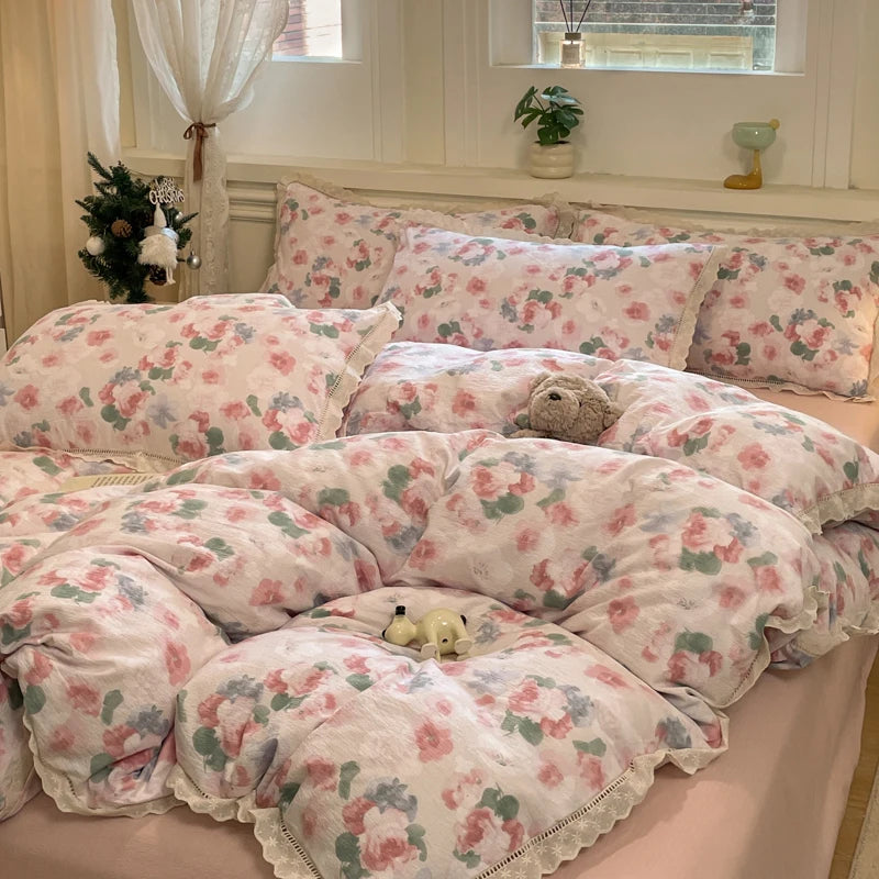 Cyflymder  INS Korean Style 2025 New Yungan Cotton Wrinkled Double-layer Yarn Lace Bedding Sets