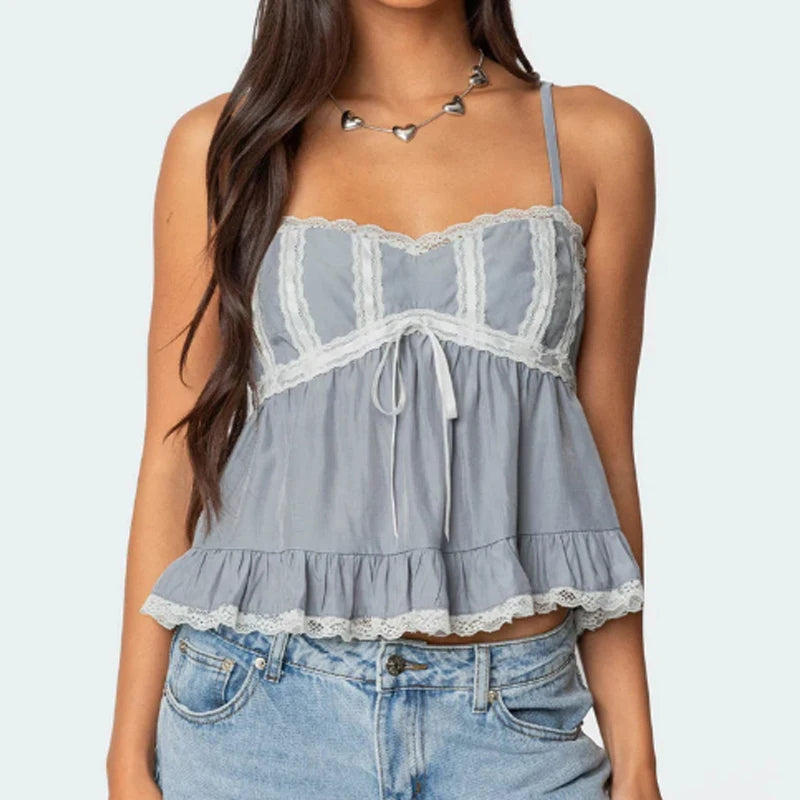 Cyflymder  Lace Trim Babydoll Camis Y2k Fairycore Peplum Crop Tops 00s Aesthetic Backless Tank Tops Women Milkmaid Vest Holiday
