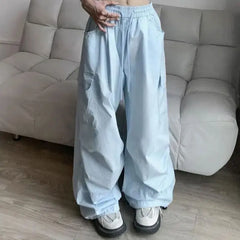 Cyflymder  American Fashion Folds Pockets Pants Spring Summer Solid Color Women's Clothing Loose Elastic Drawstring Wide Leg Cargo Trousers