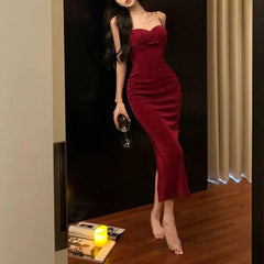 Cyflymder  Women's Clothing French Style Red Slip Long Dress Temperament Summer New Backless Solid Color Slim Fashion Split Bag Hip Dresses