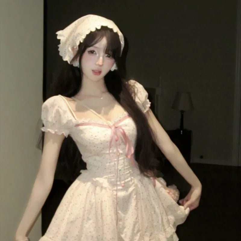 Cyflymder  Mini Dresses Women Square Collar Puff Short Sleeve Lace Ruffles Polka Dot Bandage Sweet Party Elegant Dress Female