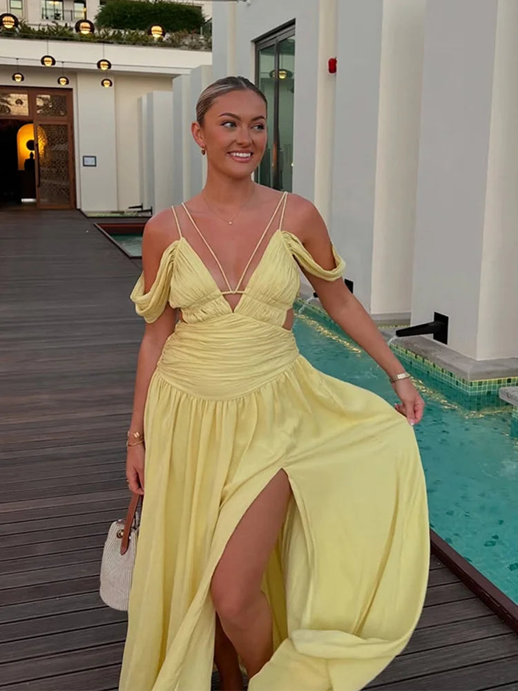 Cyflymder  Deep V-neck Backless Long Dresses For Women Off Shoulder Ruched Pleated High Split Party Dresses Summer Chic New Lady Robes