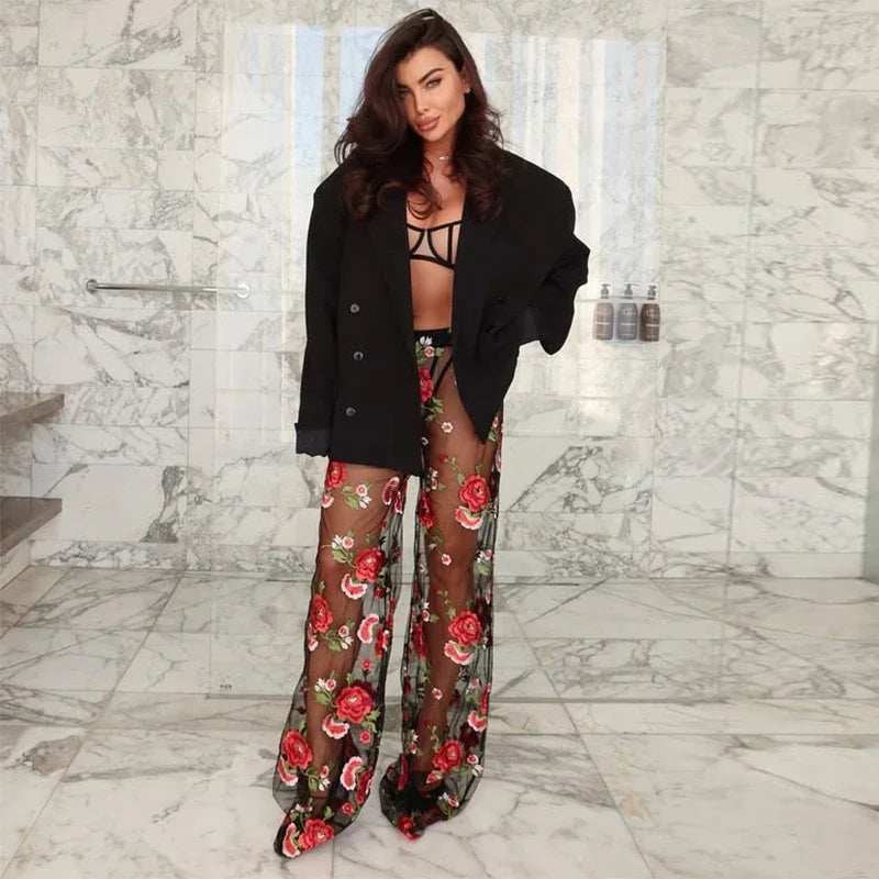 Cyflymder  See Through Flower Embroidery Women Pants Mesh Thin Wide Leg Fashion Straight 2025 Summer  Chic Trousers Party Street Lady Pants