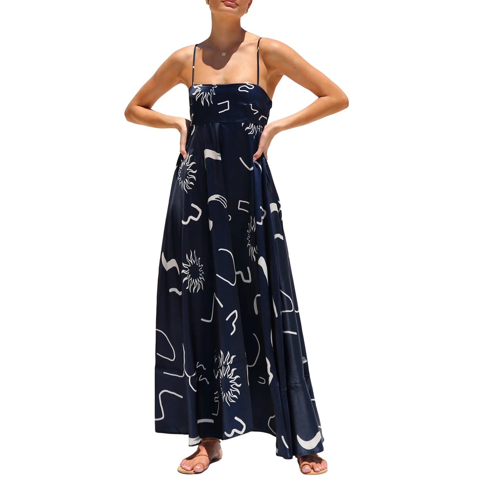 Cyflymder  Spaghetti Straps Flowy A-Line Long Dress Women's Summer Printed Backless Sleeveless Slip Swing Dress for Party Vacation Street