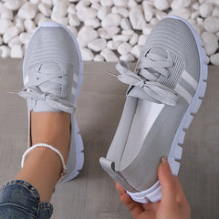 Cyflymder Mesh Knitted Striped Flats Shoes for Women Summer Lace Up Casual Sneakers Woman Breathable Soft Sole Loafers Plus Size 43