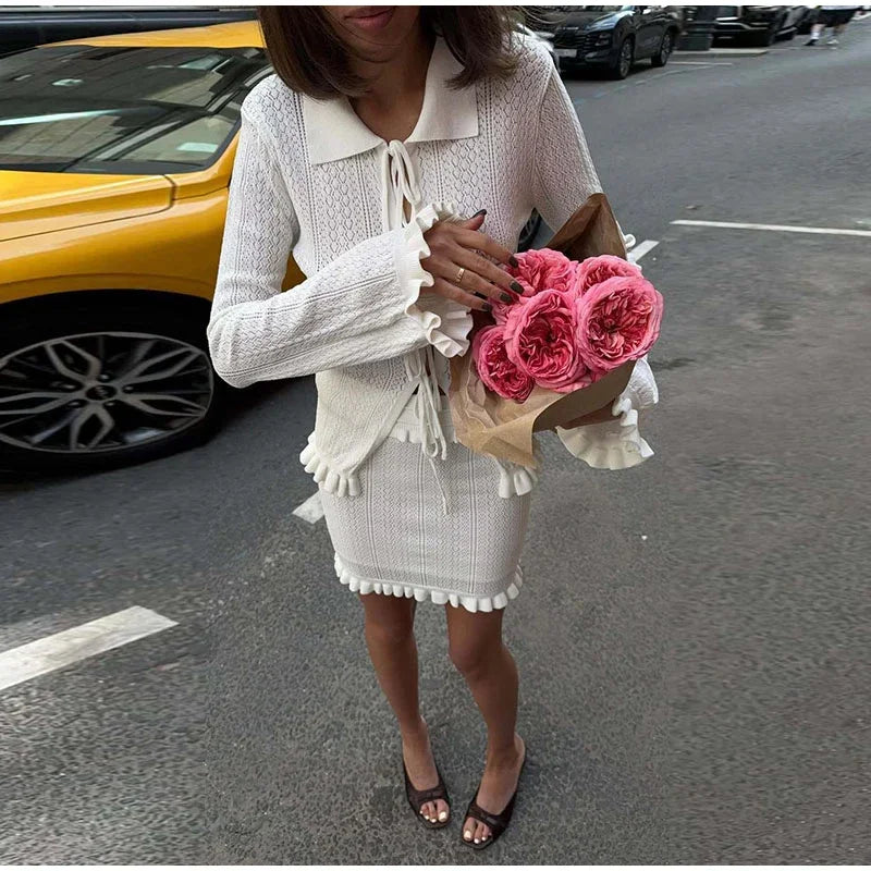 Cyflymder  Casual Knitted Ruffle Shirt Skirt Set Women Full Sleeve Lapel Lace Up Shirts Slim Mini Skirts Female 2025 Summer Fall Lady Suits
