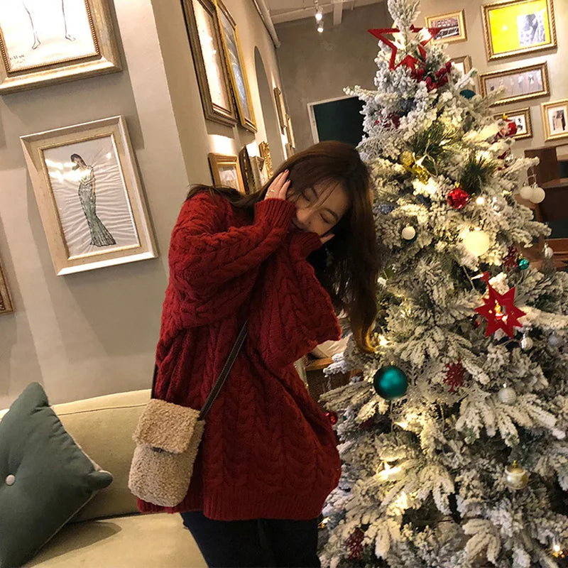 Cyflymder  Korean Thicken Knitted Sweater for Women Long Style Vintage Loose Red Outwear Pullover