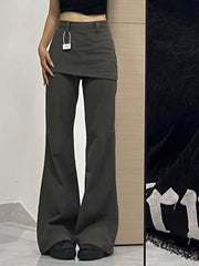 Cyflymder  Harajuku Patchwork Women Flared Pants Vintage High Waist American Style Fake Two Piece Trousers Y2k Baggy Solid Gyaru