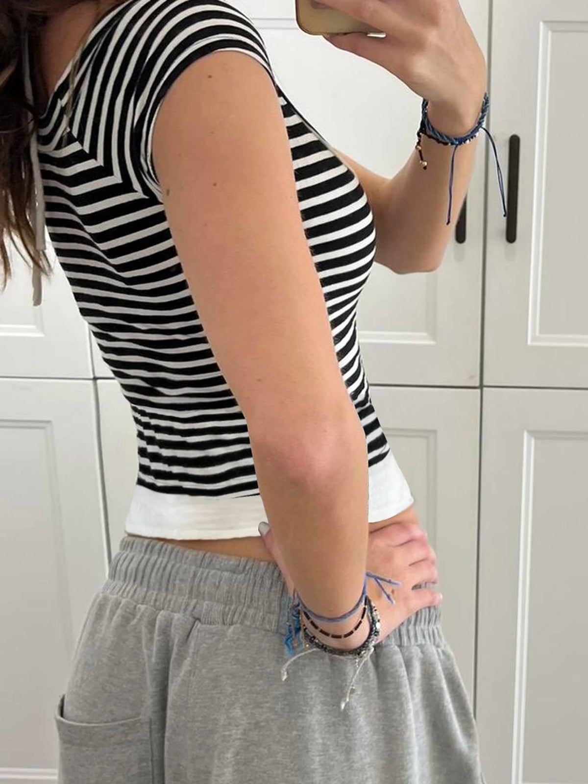 Cyflymder  Casual Patchwork Striped T Shirt Fake 2 Piece Basic Halter O-Neck Short Sleeve Tees Women 2025 Summer Fashion Streetwear