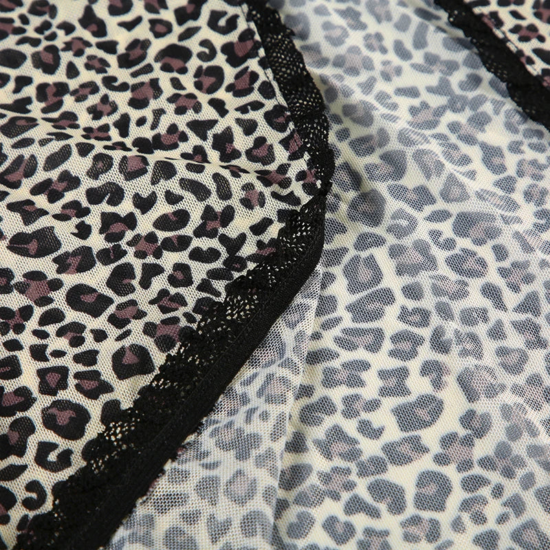 Cyflymder  See Through Leopard Printed Mesh T Shirt Cardigans Sexy Slim Lace Trim O-Neck Long Sleeve Split Tees Women 2025 Summer