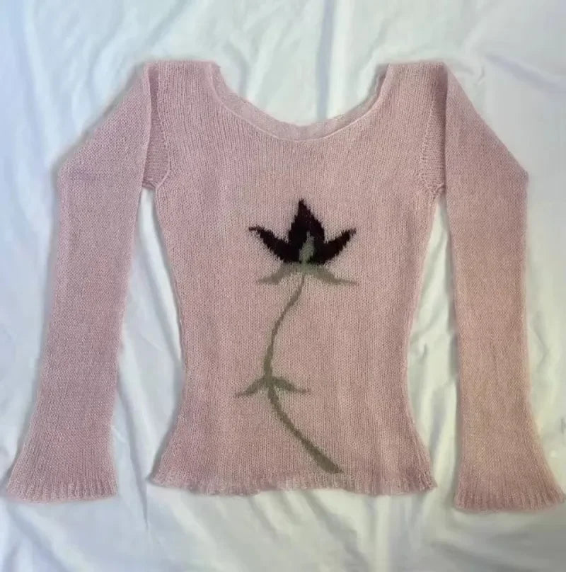 Cyflymder  Y2k American Harajuku Streetwear Flower Print Design O Neck Long Sleeve Pullovers Vintage Gothic French Thin Knitted Jumpers