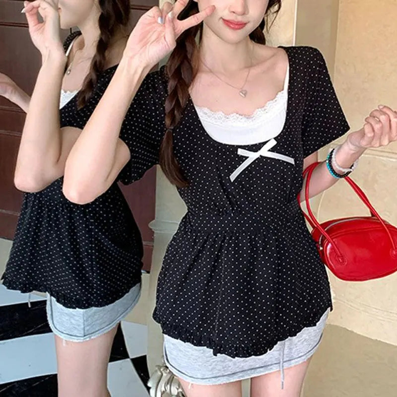 Cyflymder  Polka Dot Stylish Bow Waist Shirts Female clothing Two Piece Set Summer New Square Collar Vintage Short Sleeve Lace Folds Blouse
