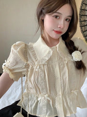 Cyflymder Sweet Blouses Women Lolita Style Kawaii Bow Puff Short Sleeve Crop Tops Girls French Lace Peter Pan Collar Shirt Summer Clothes