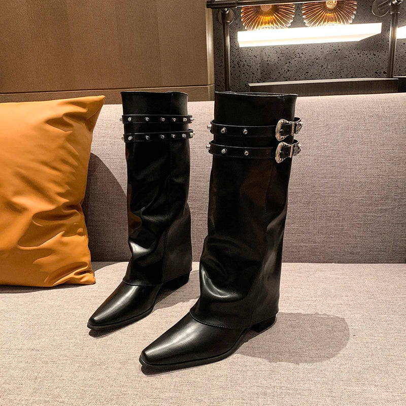 Cyflymder  Designer Rivet Woman Knight Boots Shoes Ladies Elegant Thick Heel Trouser Legs Long Botas Autumn Winter Women's Booties