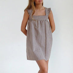 Cyflymder  Summer Mini Plaid Print A line Dress for Women Sleeveless Ruffle Trim Square Neck Loose Fitting Cami Dress With Pocket